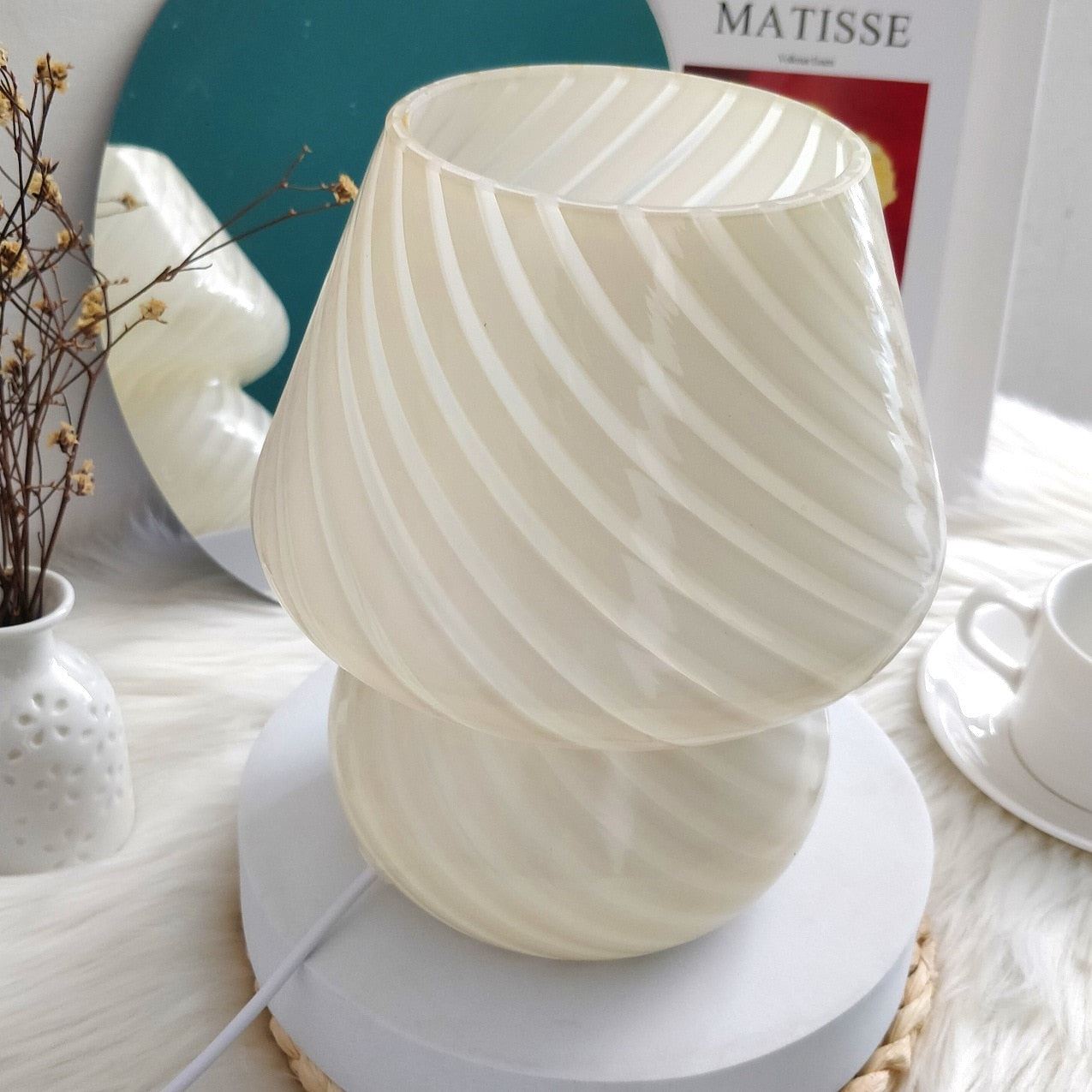 Glass LED Mushroom Table Lamp Bedroom Bedside Lampe Striped Mushroom