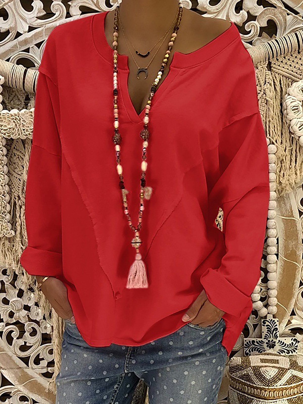 Paneled Polyester Casual V-Neck Blouse