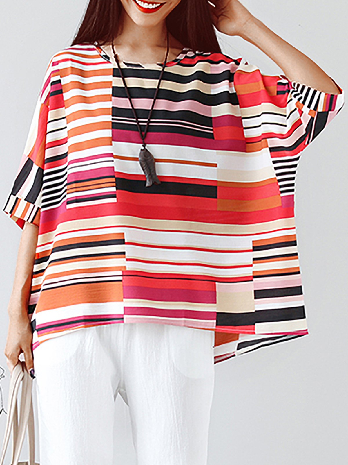 Plus Size  Cotton And Linen Striped  Loose Half  Sleeve  Casual  Top