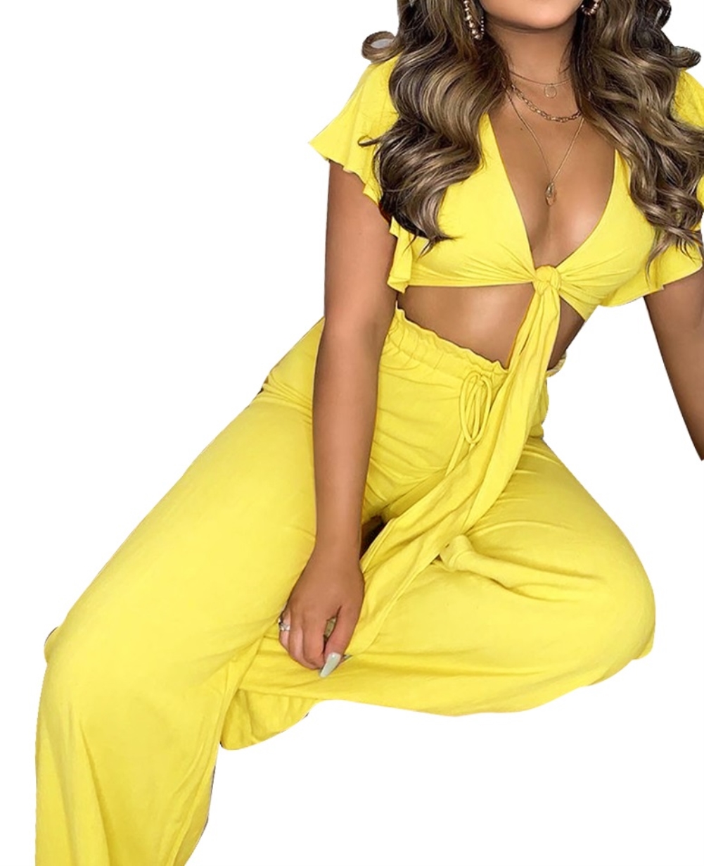 Sexy Plain Knotted Crop Top and Matching Pants Set