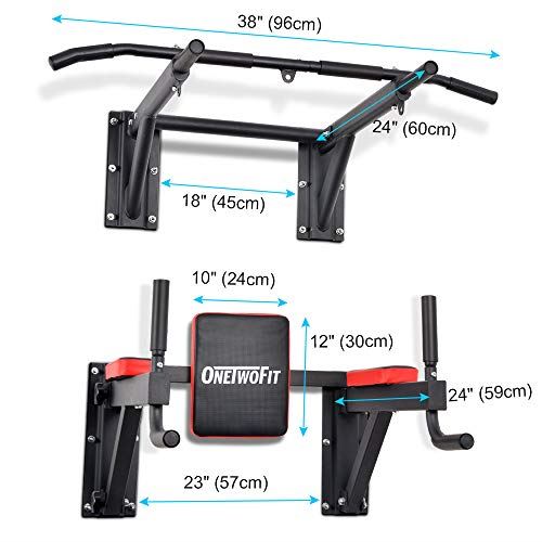 ONETWOFIT Multifunctional Wall Mounted Pull Up Bar Power Tower Set Chin Up Station Home Gym- Black & Red