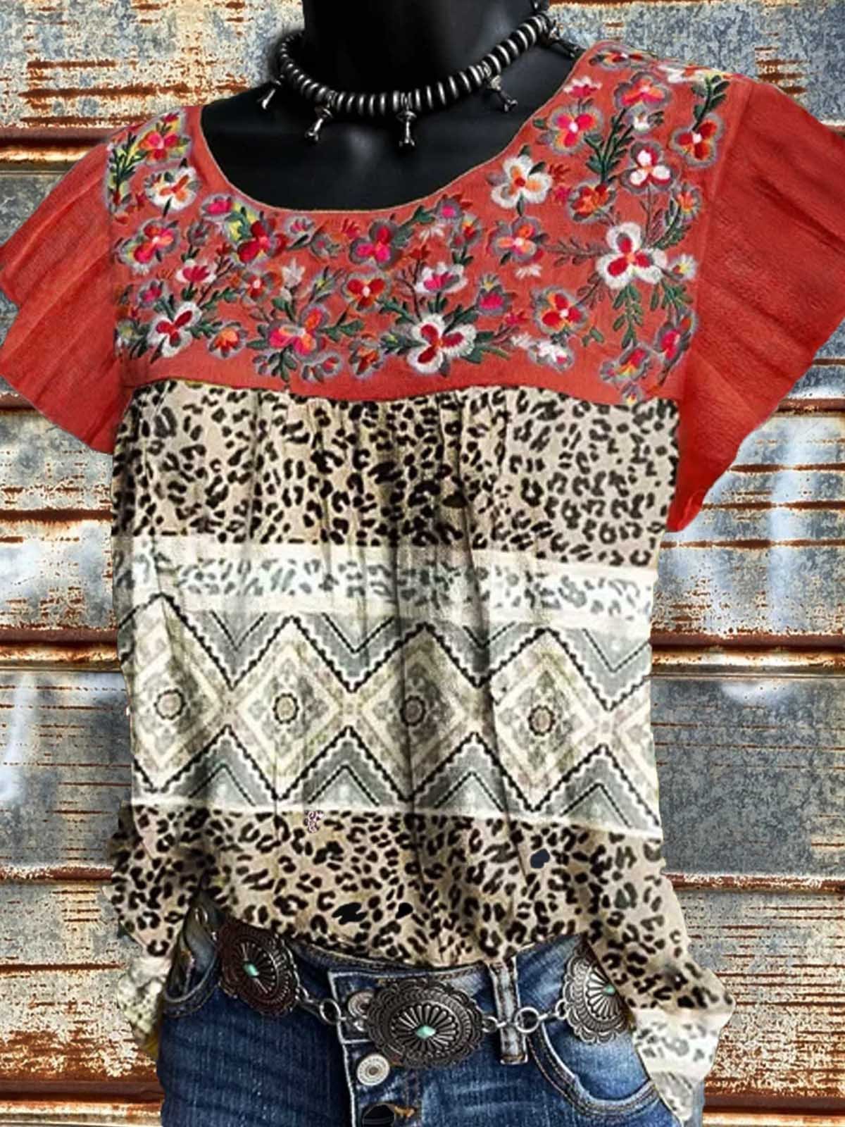 Geometric Shift Cotton-Blend Short Sleeve Shirts & Tops