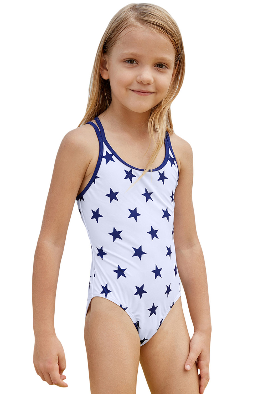 Blue Stars Print White Kid Girls Maillot