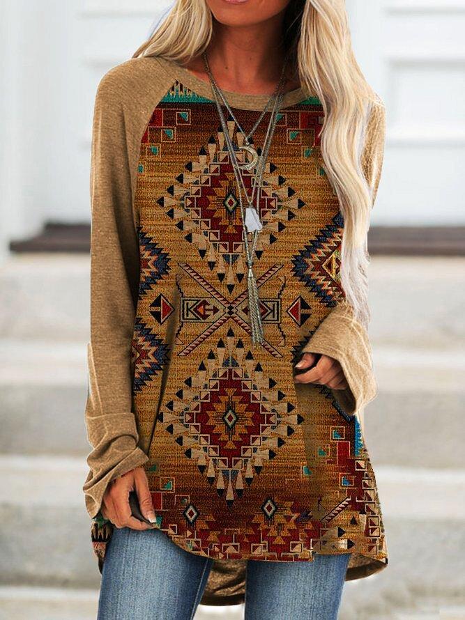 Geometric Round Neck Printed Long Sleeve Shirts & Tops