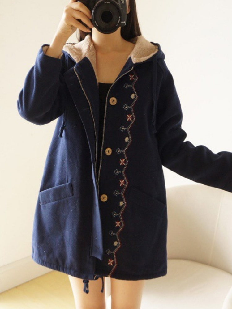 Solid Cotton Vintage Hoodie Long Sleeve Coat