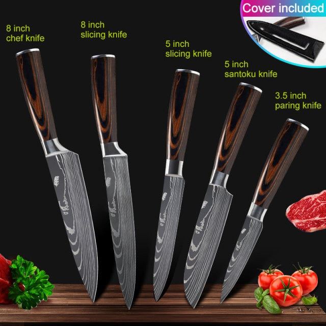 Kitchen knives Set Professional Chef Knives Stainless Steel Imitation Damascus Pattern Santoku Cleaver Slicing Utility Knives