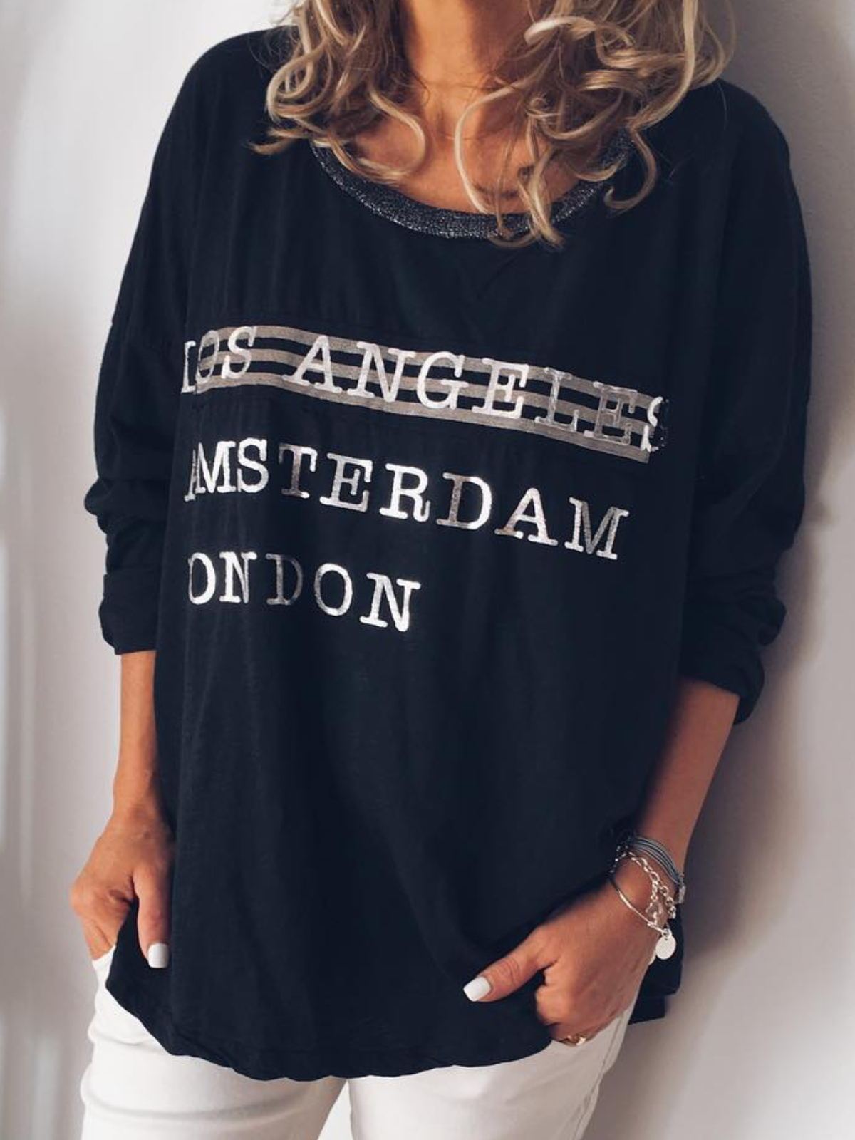 Plus Size Casual Crew Neck Long Sleeve Tops