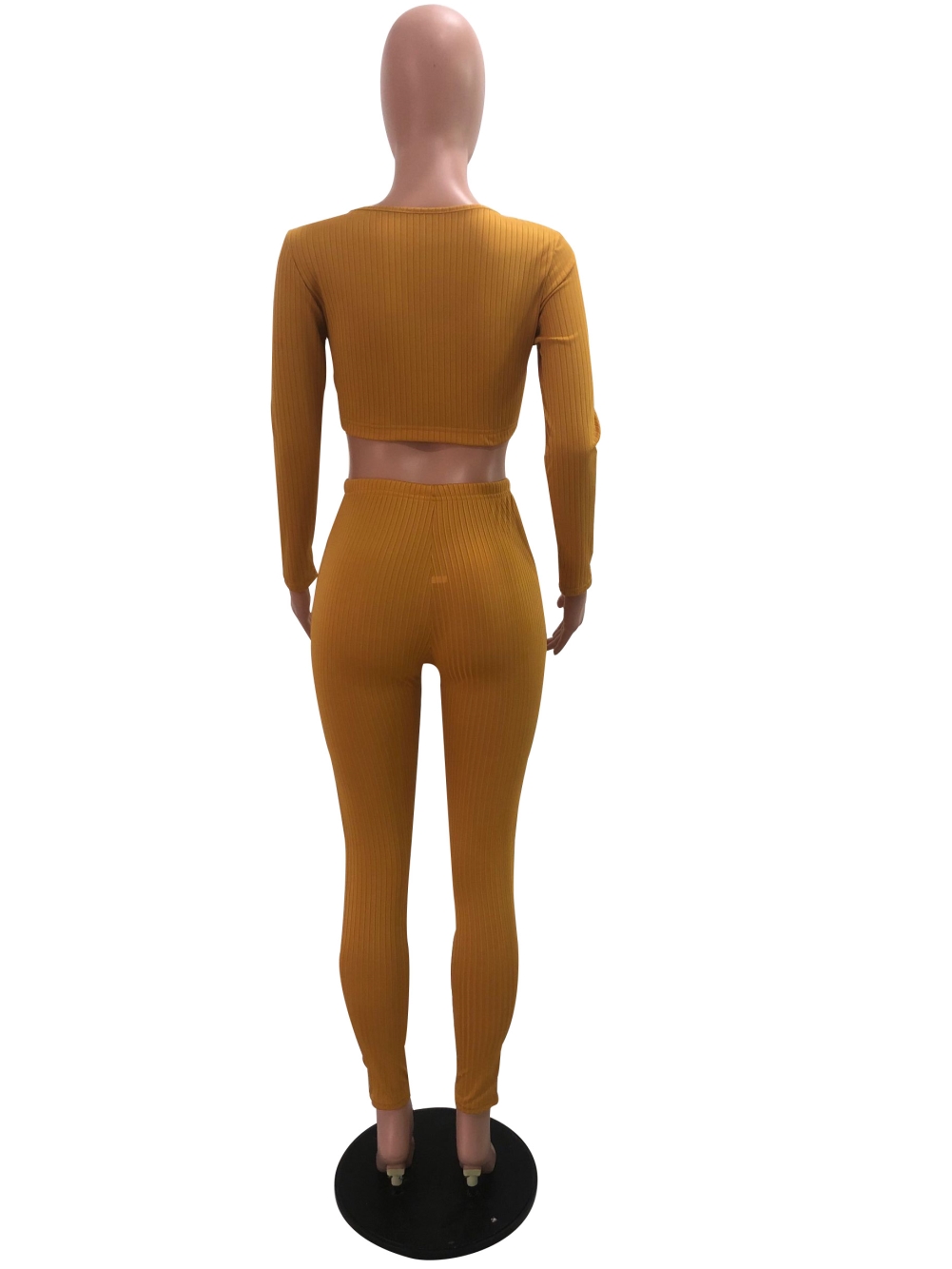 Sexy Knitted Long Sleeve Solid Crop Top and High Waist Legging Set