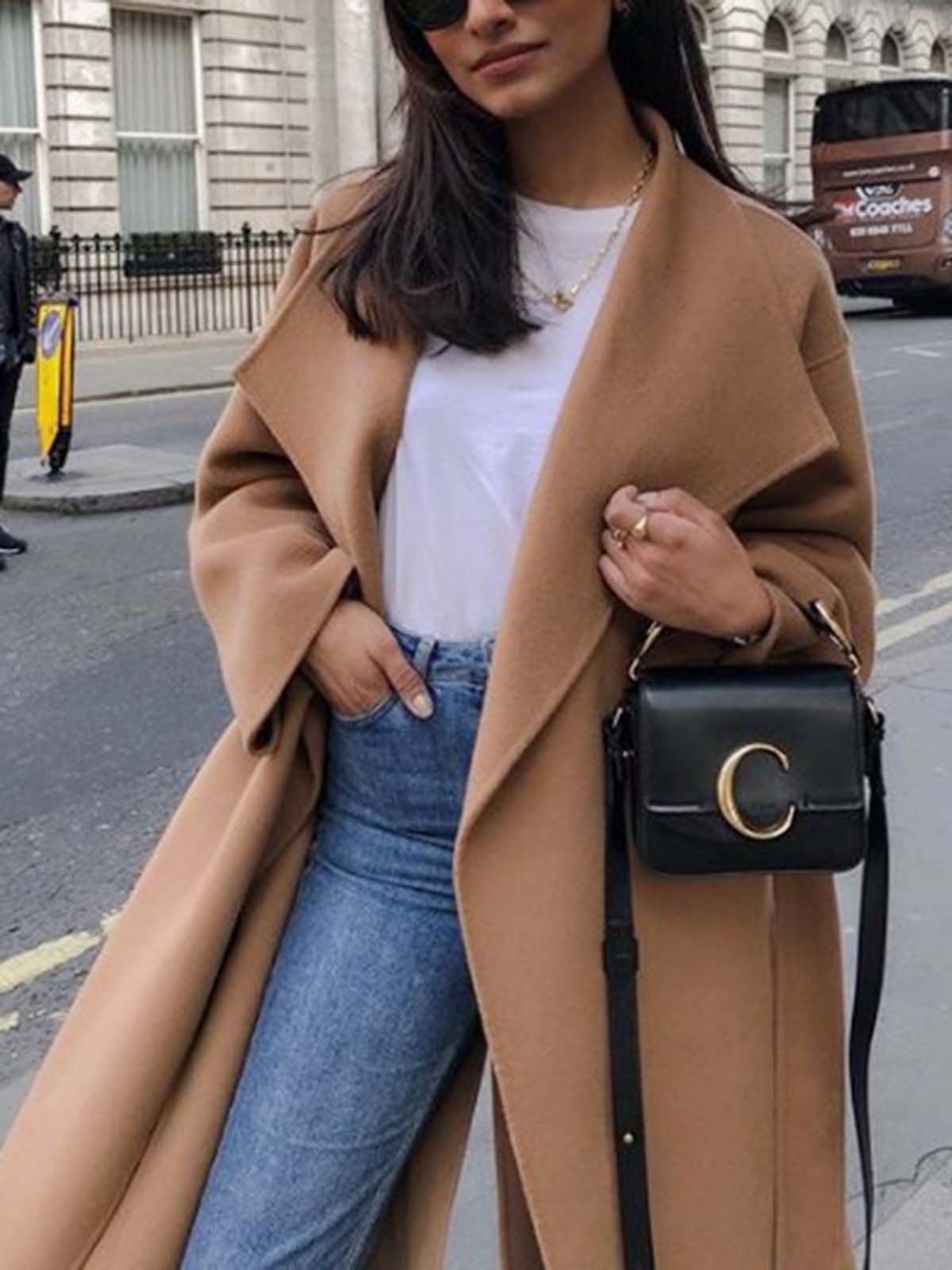 Camel Long Sleeve Plain V Neck Outerwear