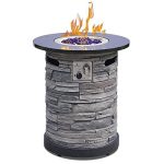 BAIDE HOME Outdoor Gas Propane Fire Pit Table, Round Natural Granite Stone top 22′′ Fire Bowl Column W/ 40,000 BTU Firepit Table Auto-Ignition 400D Cover Glass Rocks for Outside Patio