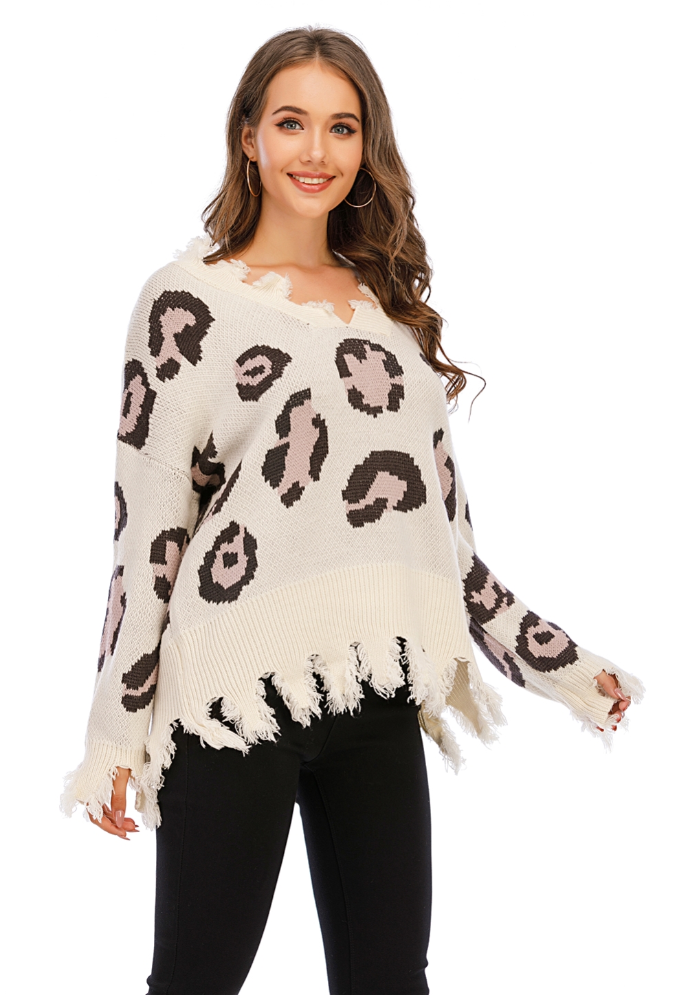 Leopard Print V-Neck Tassels Sweater