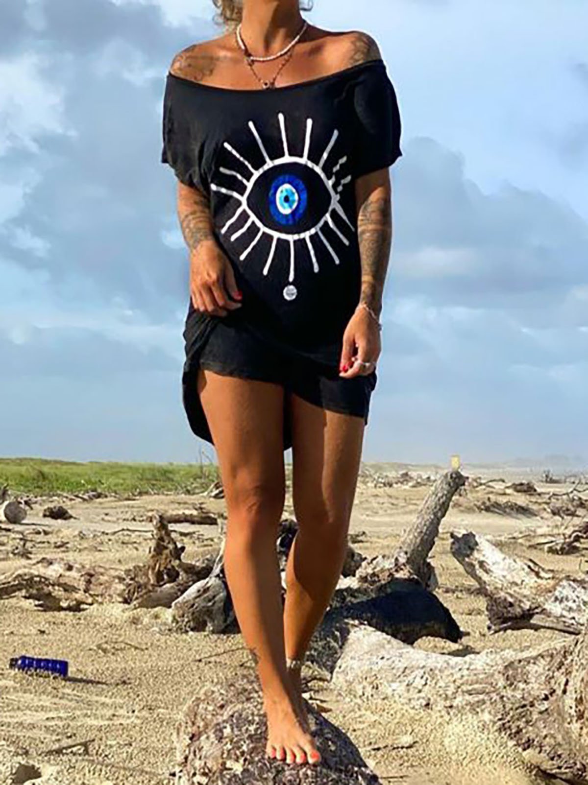 Abstract Short Sleeve Printed Cotton-Blend Dresses