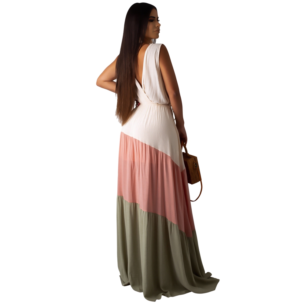 Summer Contrast Sleeveless V-Neck Maxi Dress