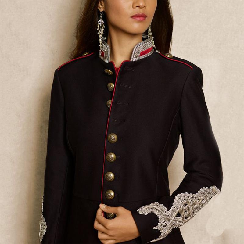 England Style Stand Collar Women Long Sleeve Decorative Button Blazer