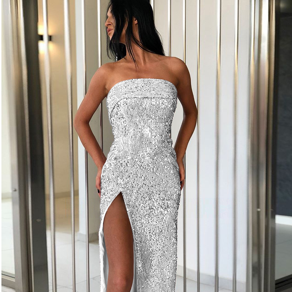 Womens Clothing Off Shoulder Bandage Bodycon Slit Tube Wrap Sexy Shein Club Sequin Dress vestidos