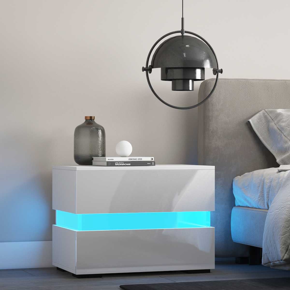 Modern LED Bedside Table High Gloss RGB Coffee Tables with 2 Drawers Sofa Side