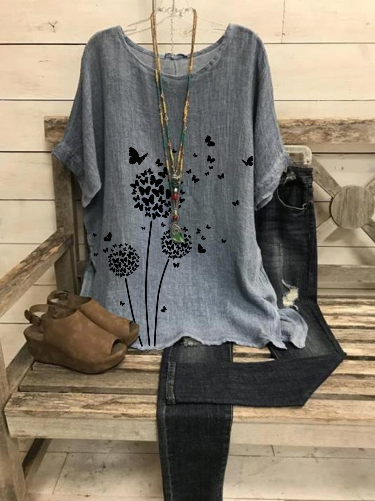 Casual vintage dandelion printed loose top