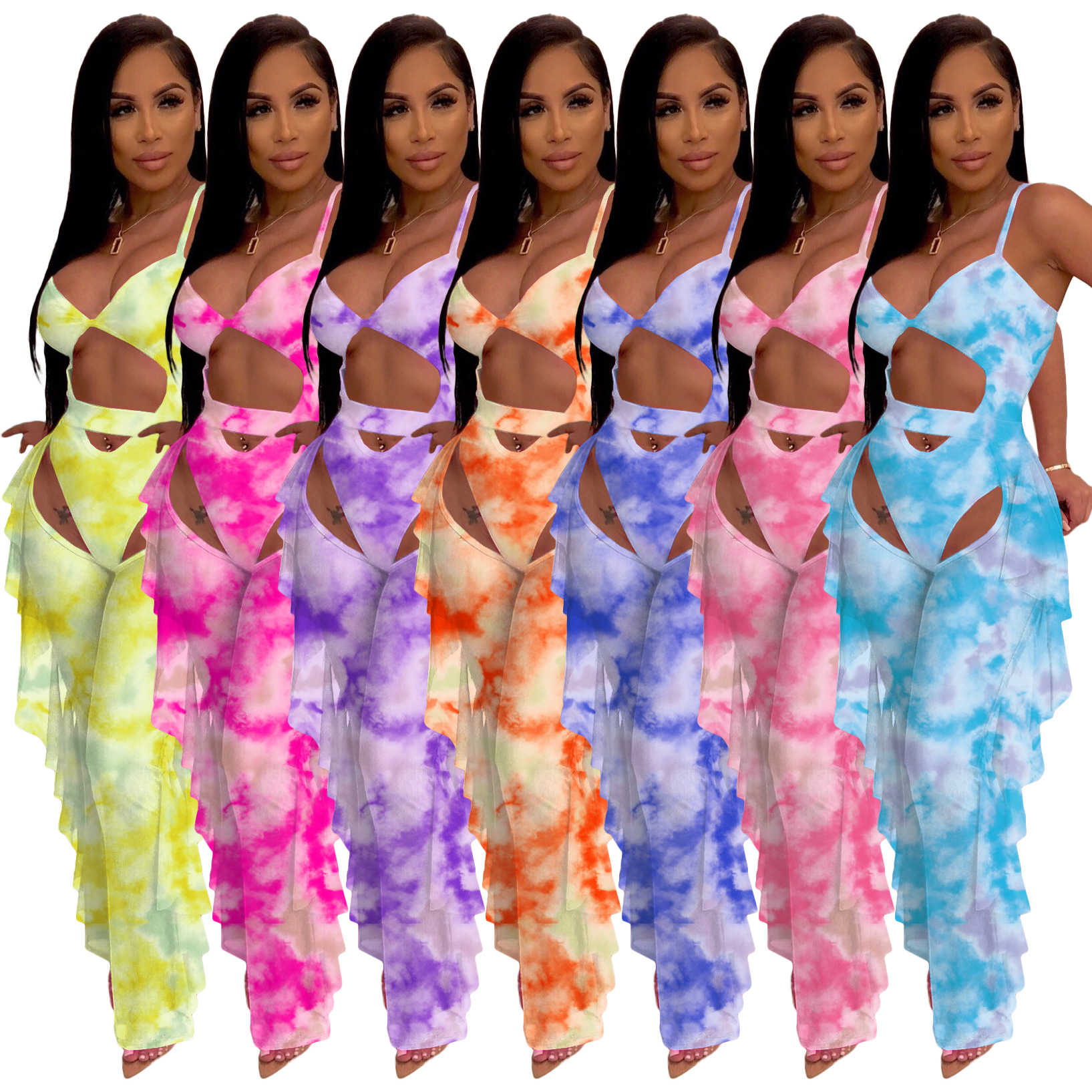Ladies Tie-Dye Print Sexy Jumpsuit Mesh Pants Two-piece Swimsuit LML219