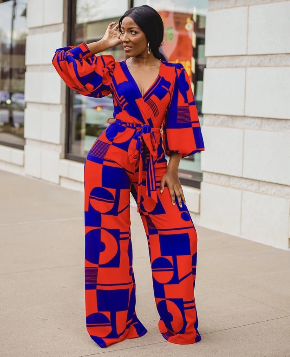 African Geommetric Wrapped Jumpsuit with Pop Sleeves