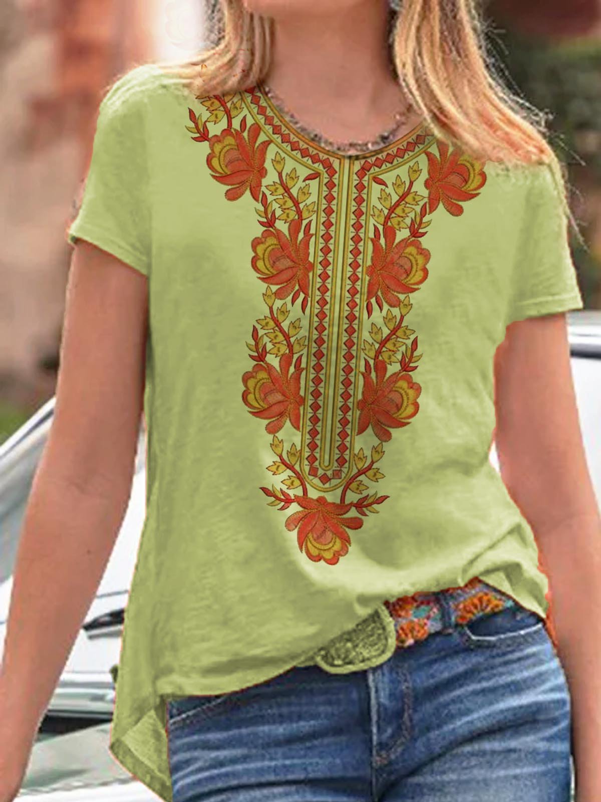 Crew Neck Color-Block Cotton-Blend Short Sleeve Shirts & Tops