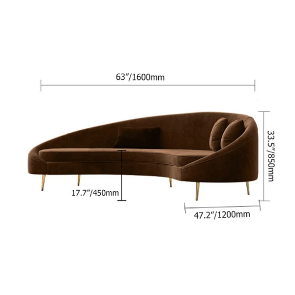 Modern 63  Brown Velvet Curved Sofa Gold Metal Legs with Toss Pillows