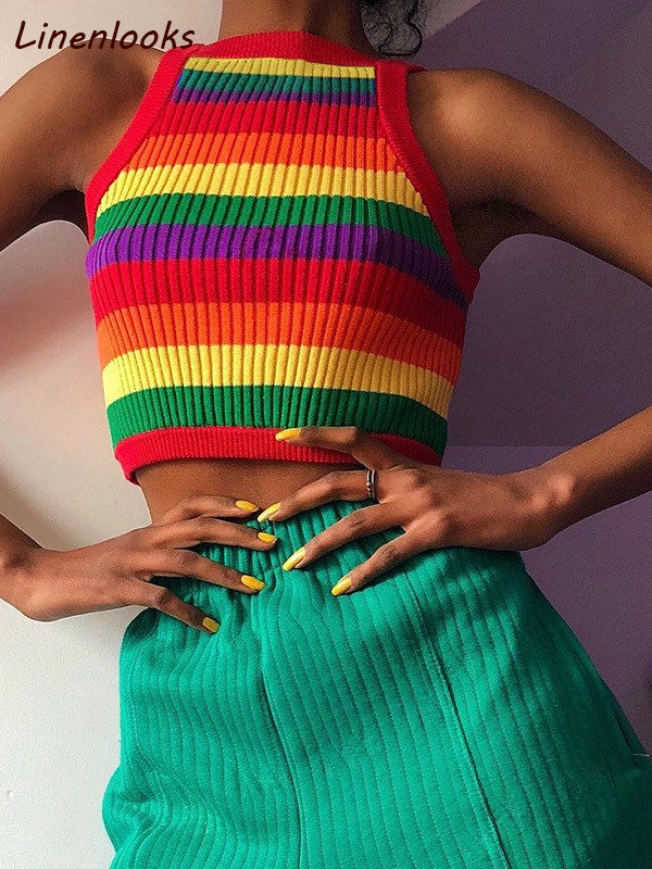 Sexy Rainbow Stripe Tank Sexy Multicolor Rainbow Knitted Crop Top