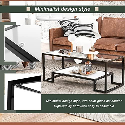 Glass Coffee Table Cocktail Tables, Metal with Stained White Tempered Glass / 2-Tier