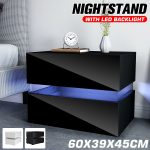 Modern LED Bedside Table High Gloss RGB Coffee Tables with 2 Drawers Sofa Side