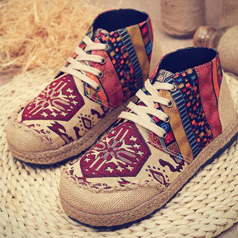 Vintage Colorful Pattern Lace Up Canvas Boots