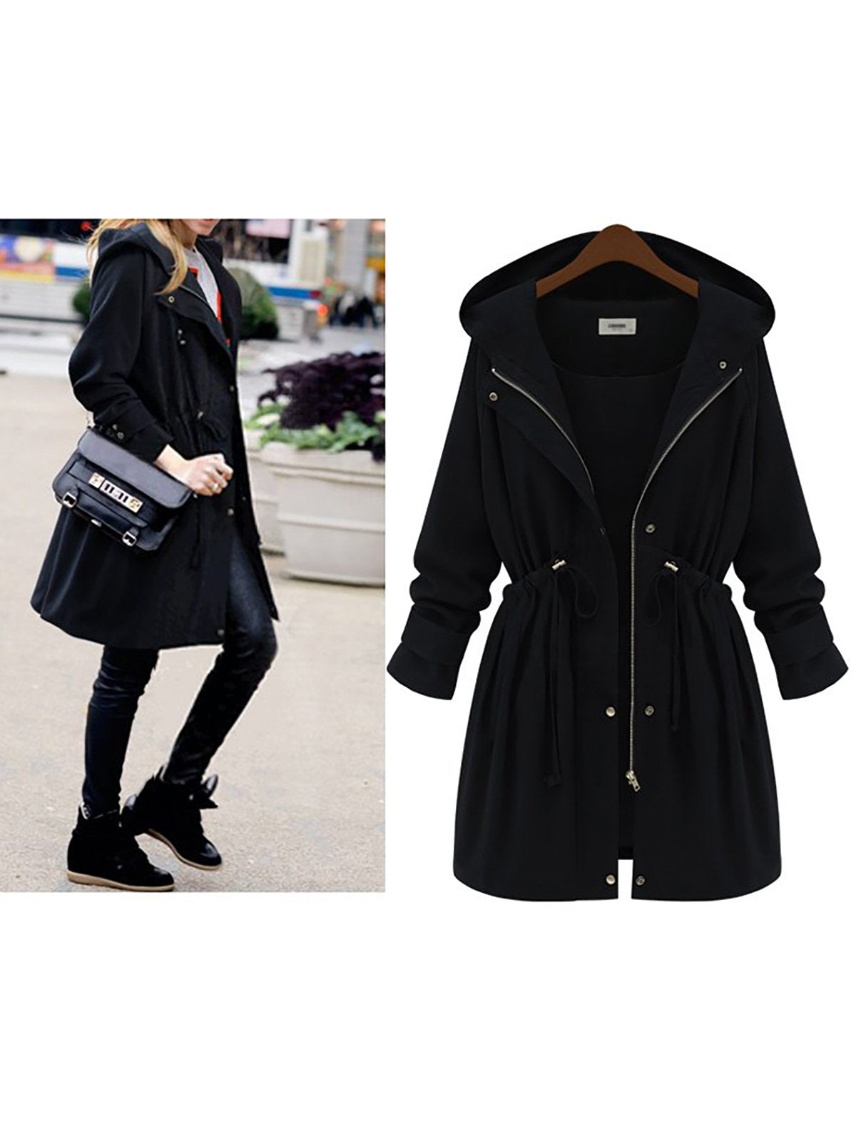 Drawstring Waist Zipper Hoodie Coat