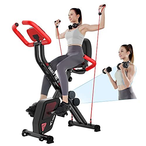 Pooboo Foldable Exercise Bike with Arm Resistance Bands- Black & Red