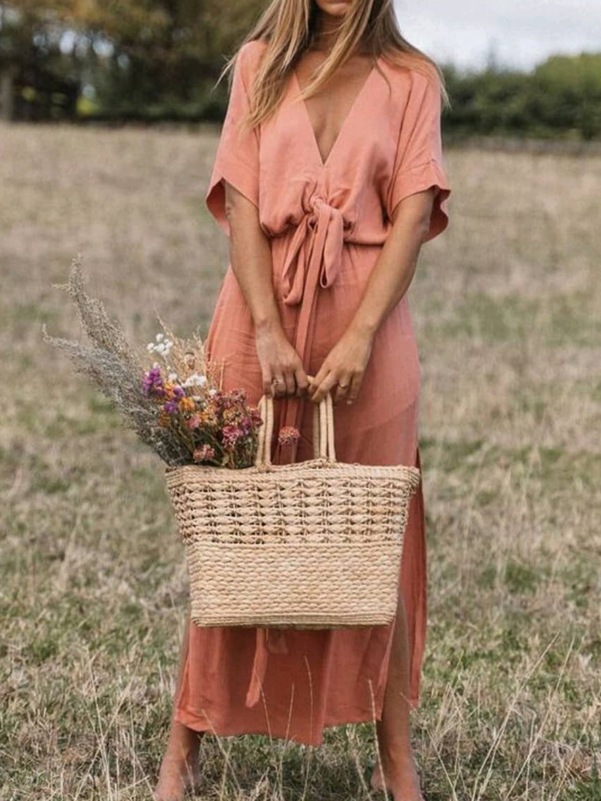 Summer Solid Maxi Dress Plus Size Boho V Neck Dresses