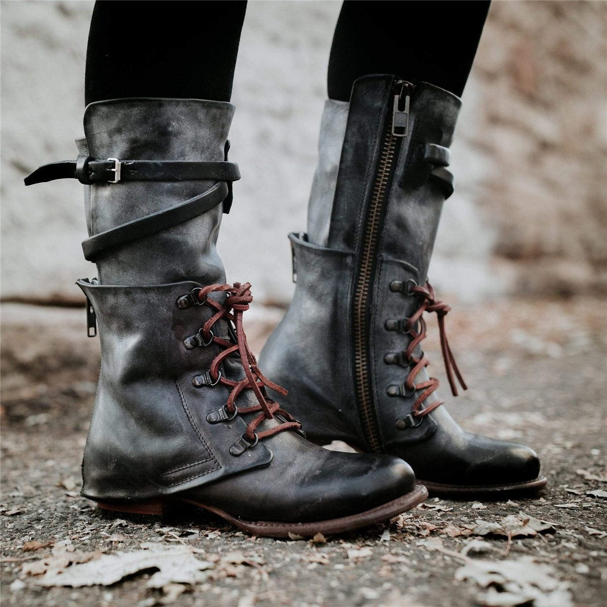 Vintage Women Lace-up Boots Adjustable Buckle Faux Leather Low Heel Boots