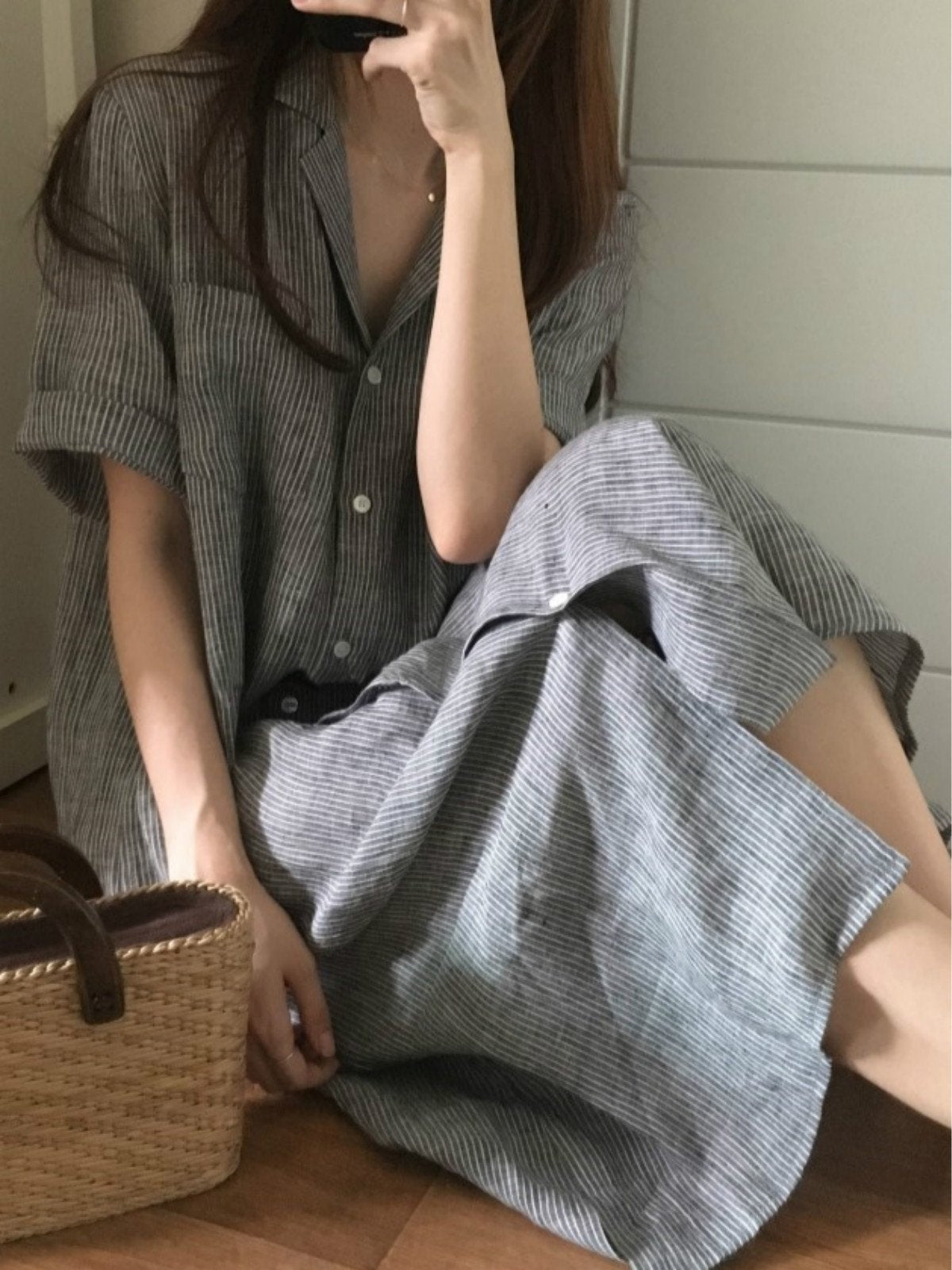 Shawl Collar Women Casual Dresses Daily Striped Midi Dresses