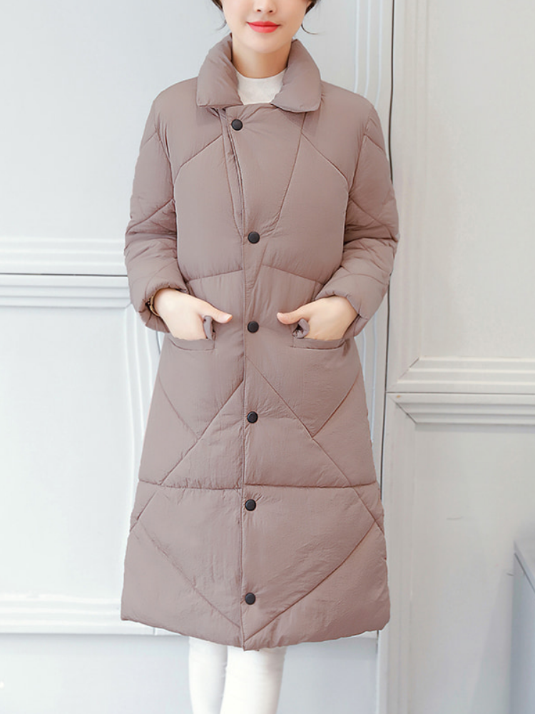 Women Appliqued Solid Stand-Up Neck Long Sleeve Cotton Coats