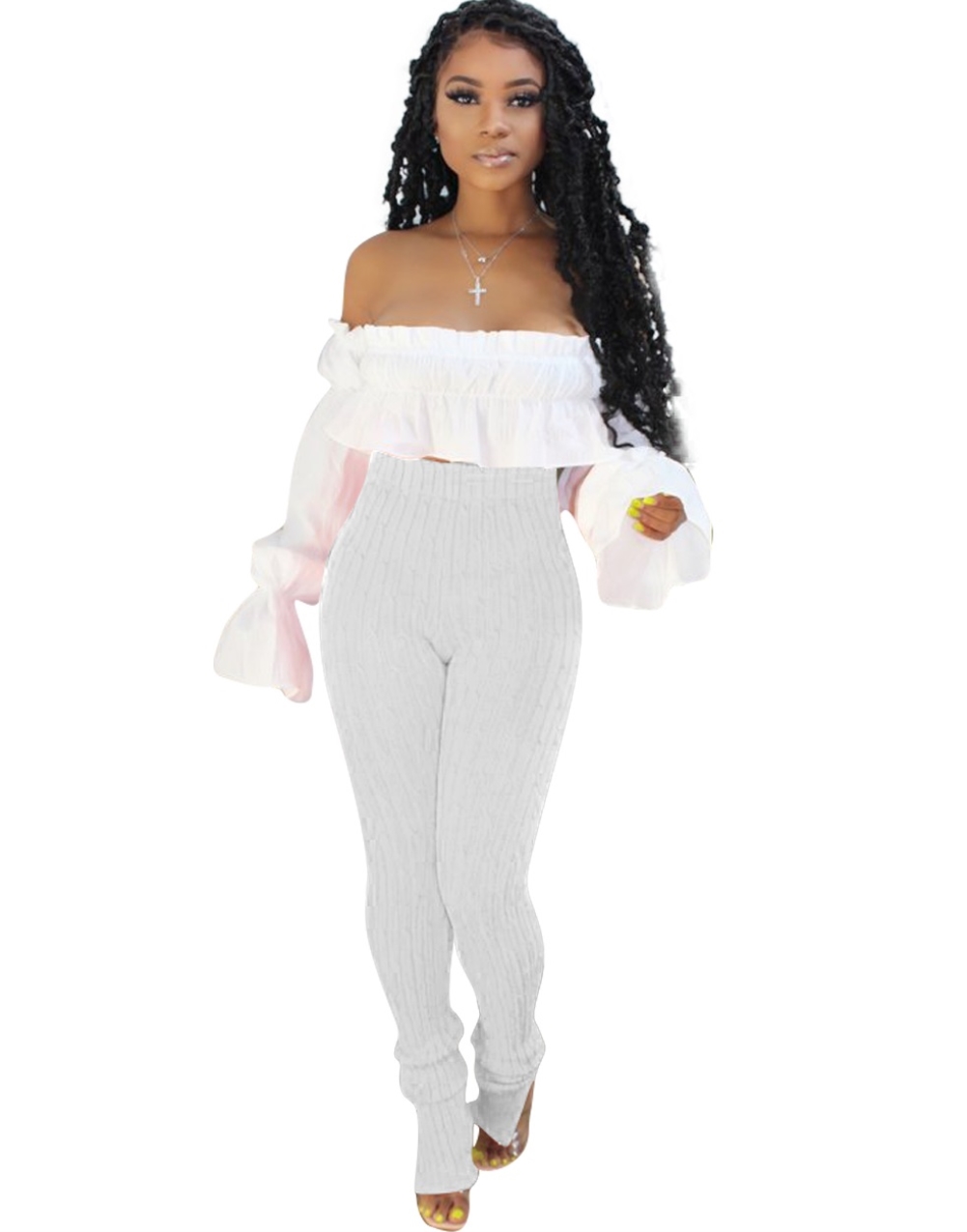 Sexy Off Shoulder Ruffle Crop Top and High Waist Slit Pants