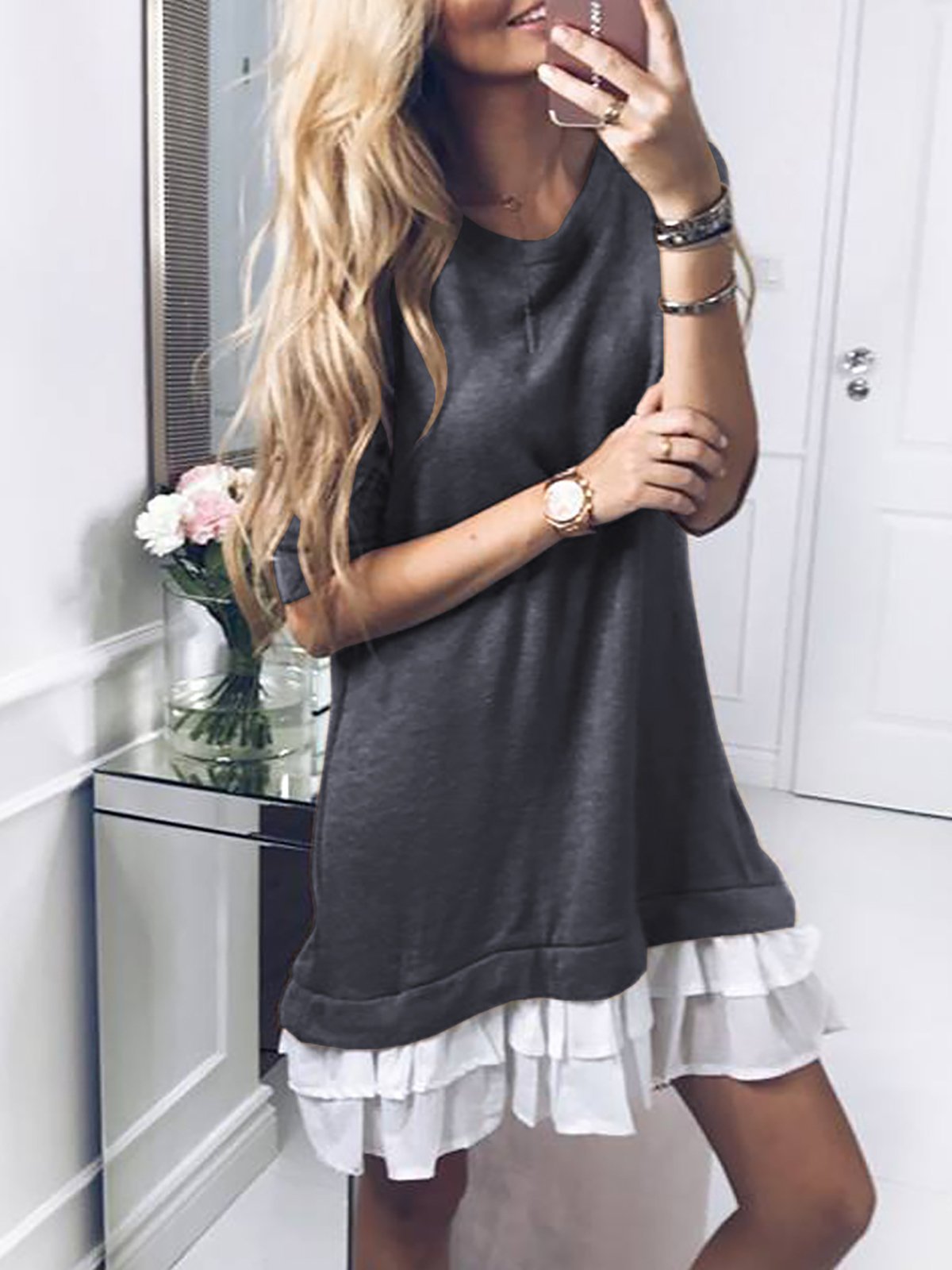 Casual Paneled Crew Neck Solid Fall Dress