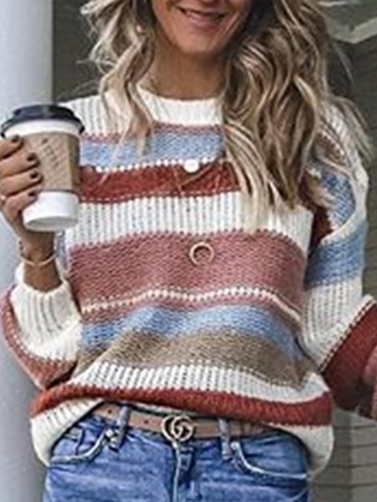 Long Sleeve Crew Neck Striped Sweaters