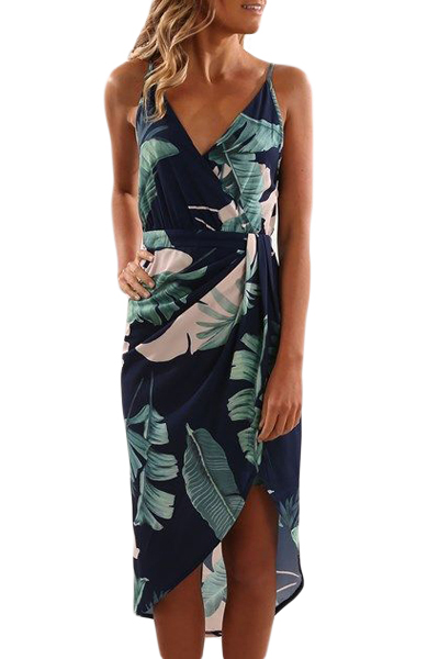 Deep V Neck Green Leaves Print Boho Dress in Navy