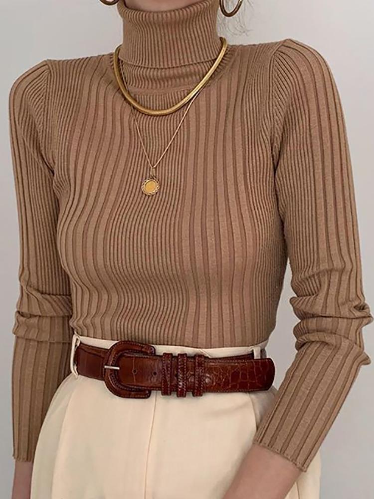 Fashion High Collar Brown Pit Slim Knit Sweater