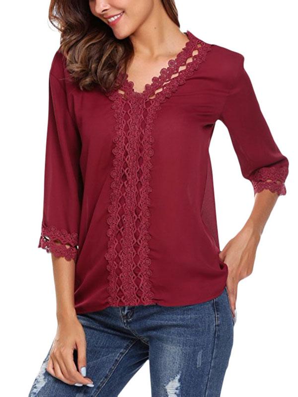 Solid Color Lace Chiffon Blouse