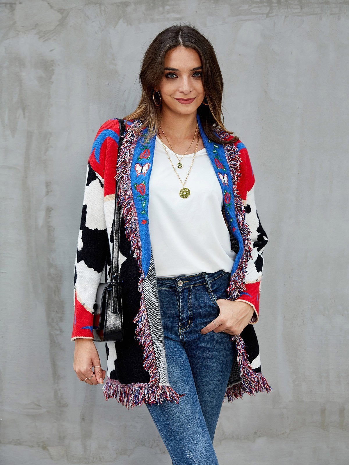 Red Shawl Collar Fringed Embroidered Cardigan