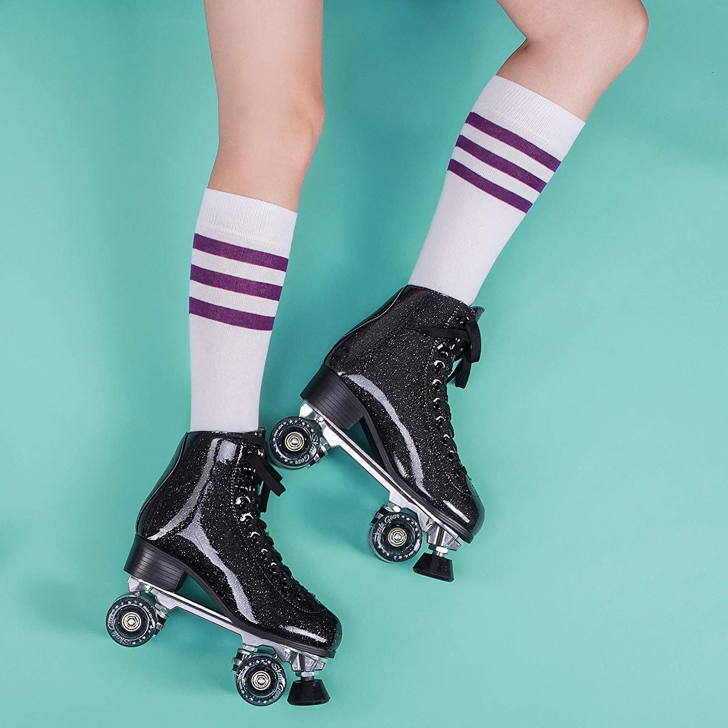 Skate Gear Sparkly Retro Quad Roller Skates, Glitter Pink/ Women’s 7 / Youth 6 / Men’s 6