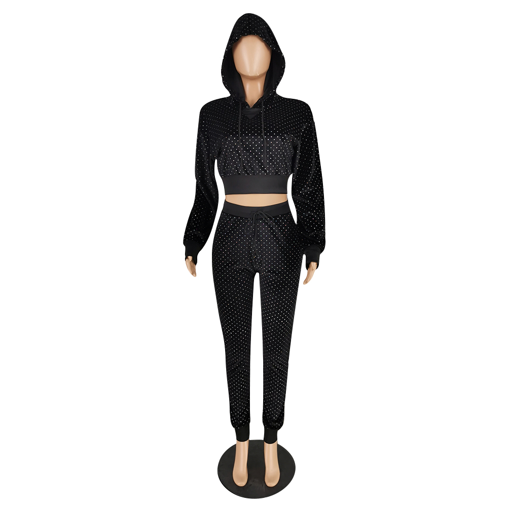 Autumn Sequins Black Crop Top and Pants Hoody Sweatsuit
