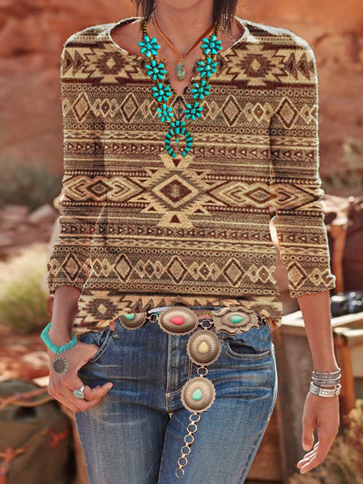 Geometric Vintage Long Sleeve V Neck Shirts & Tops