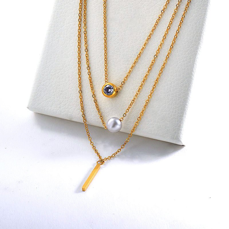 Dainty 18K Gold Bar Charm With Pearl Layered Necklace For Women