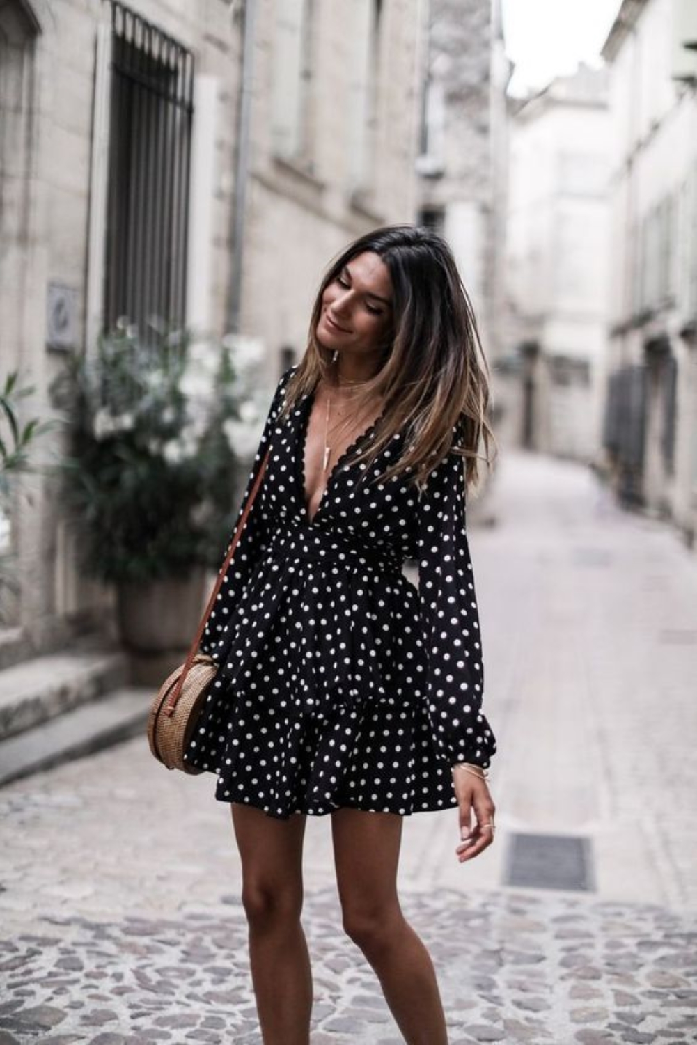 Polka Black Long Sleeve Deep-V Skater Dress