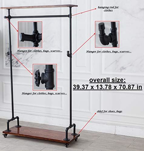 Industrial Pipe Clothing Rack on Wheels with Wood Shelves/Two Tiers