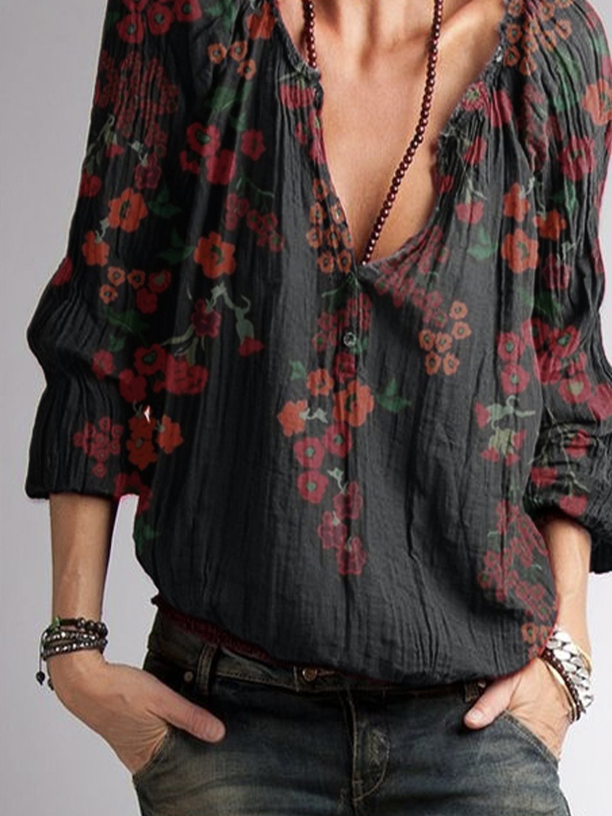 Black Floral Cotton-Blend V Neck Casual Shirts & Tops