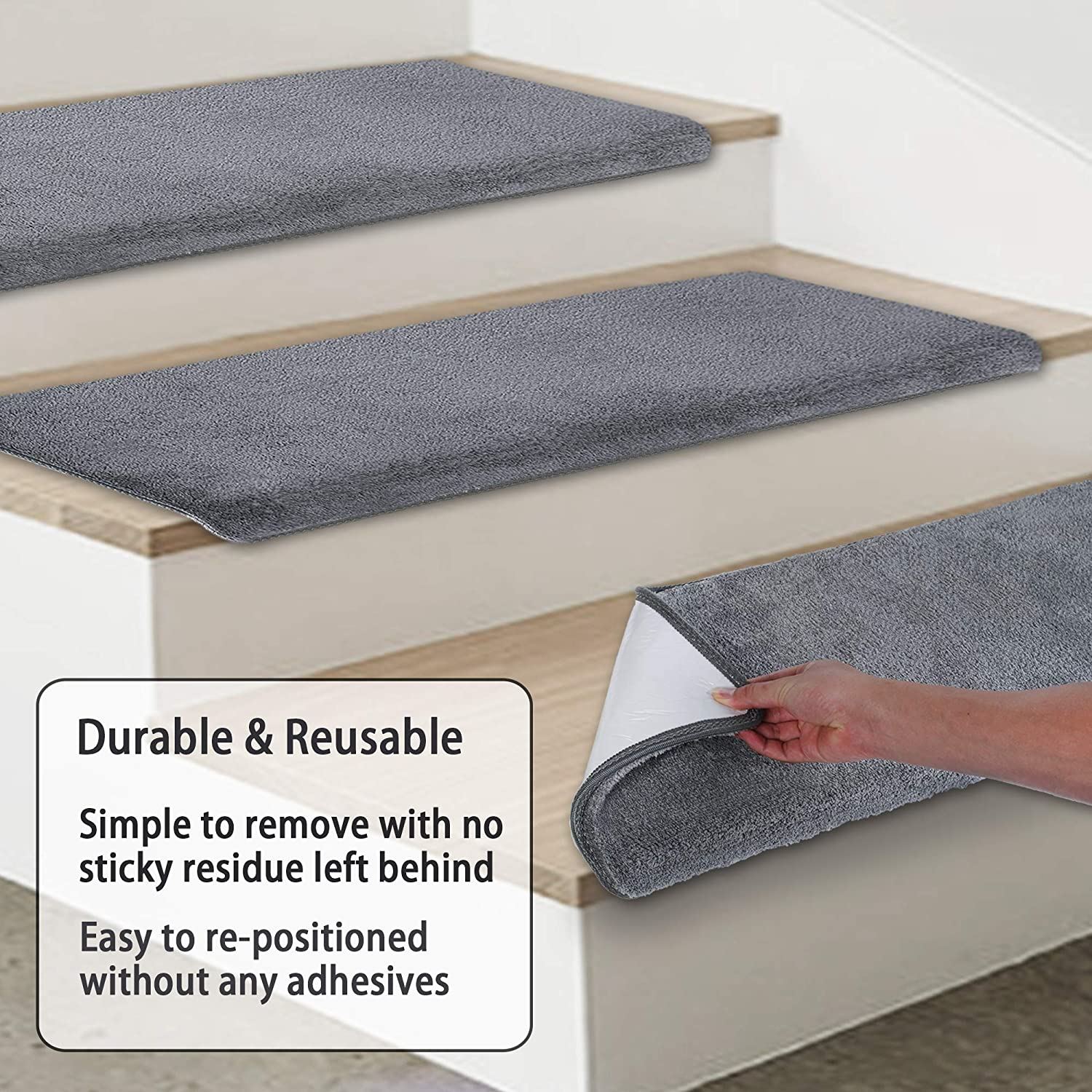 PURE ERA Bullnose Carpet Stair Treads Set of 14 Non-Slip Self Adhesive, 14 Pieces / Light Gray